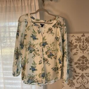 Ann Taylor Factory Cream and Blue Floral Blouse